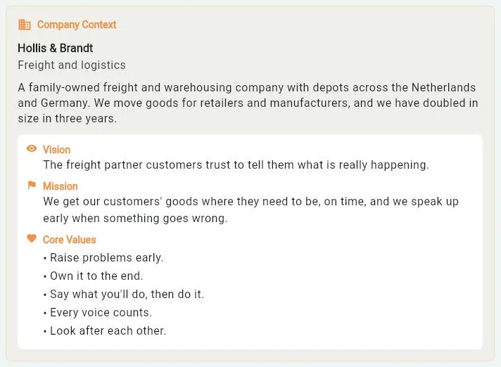 The Company Context panel on a case sheet for a fictional freight company, Hollis & Brandt: its profile, vision, mission and five core values, starting with Raise problems early