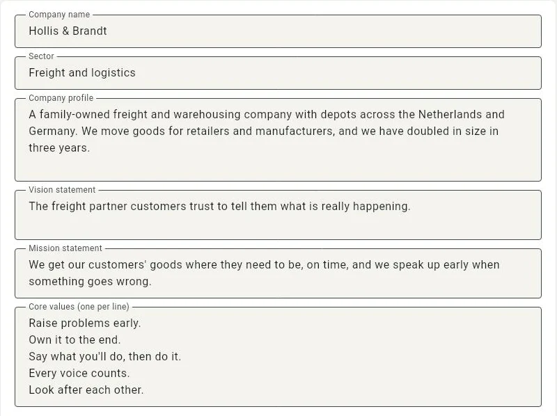 The Clubhouse form for a fictional freight company, with its name, sector, company profile, vision, mission and five core values filled in, such as Raise problems early and Own it to the end