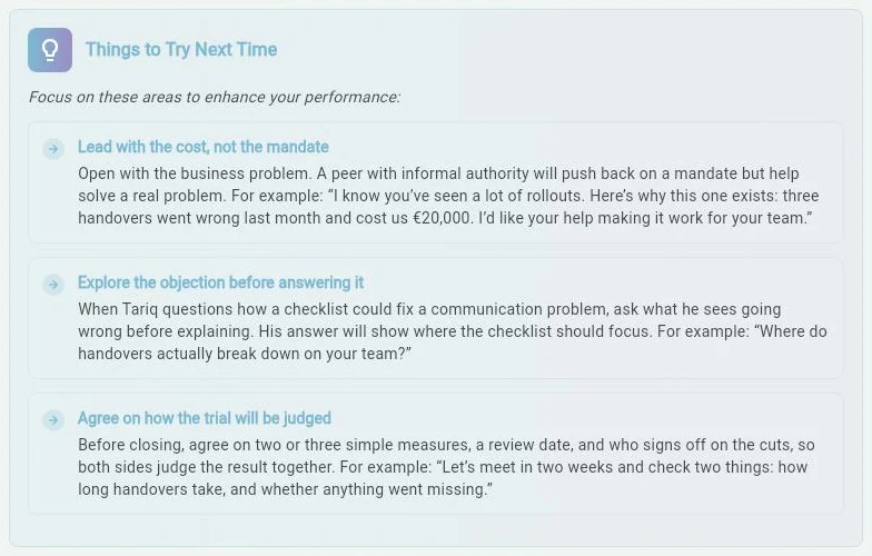 Further down the same review: three Things to Try Next Time, starting with Lead with the cost, not the mandate