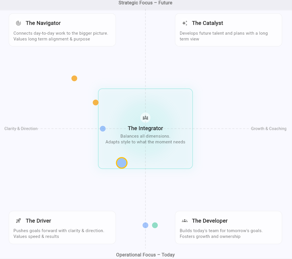 The Skill Signature map: four profile cards around the edges, the Integrator in the centre, and coloured dots showing results