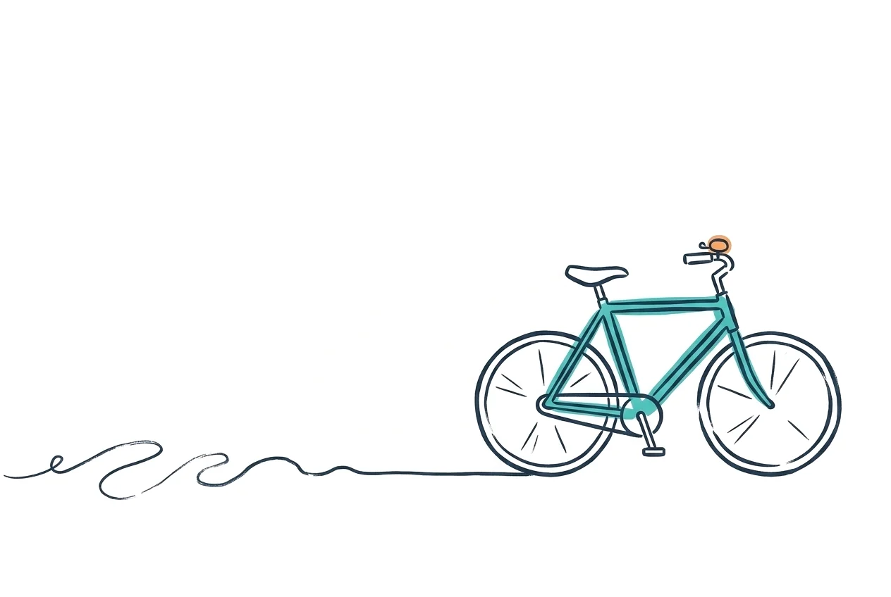 A bicycle standing at the end of a tyre track that wobbles at first and then runs straight