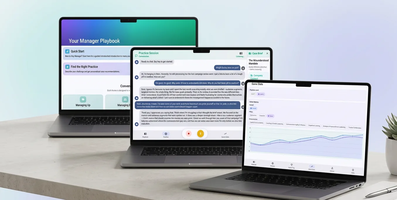 Hey Manager app shown on three laptop screens