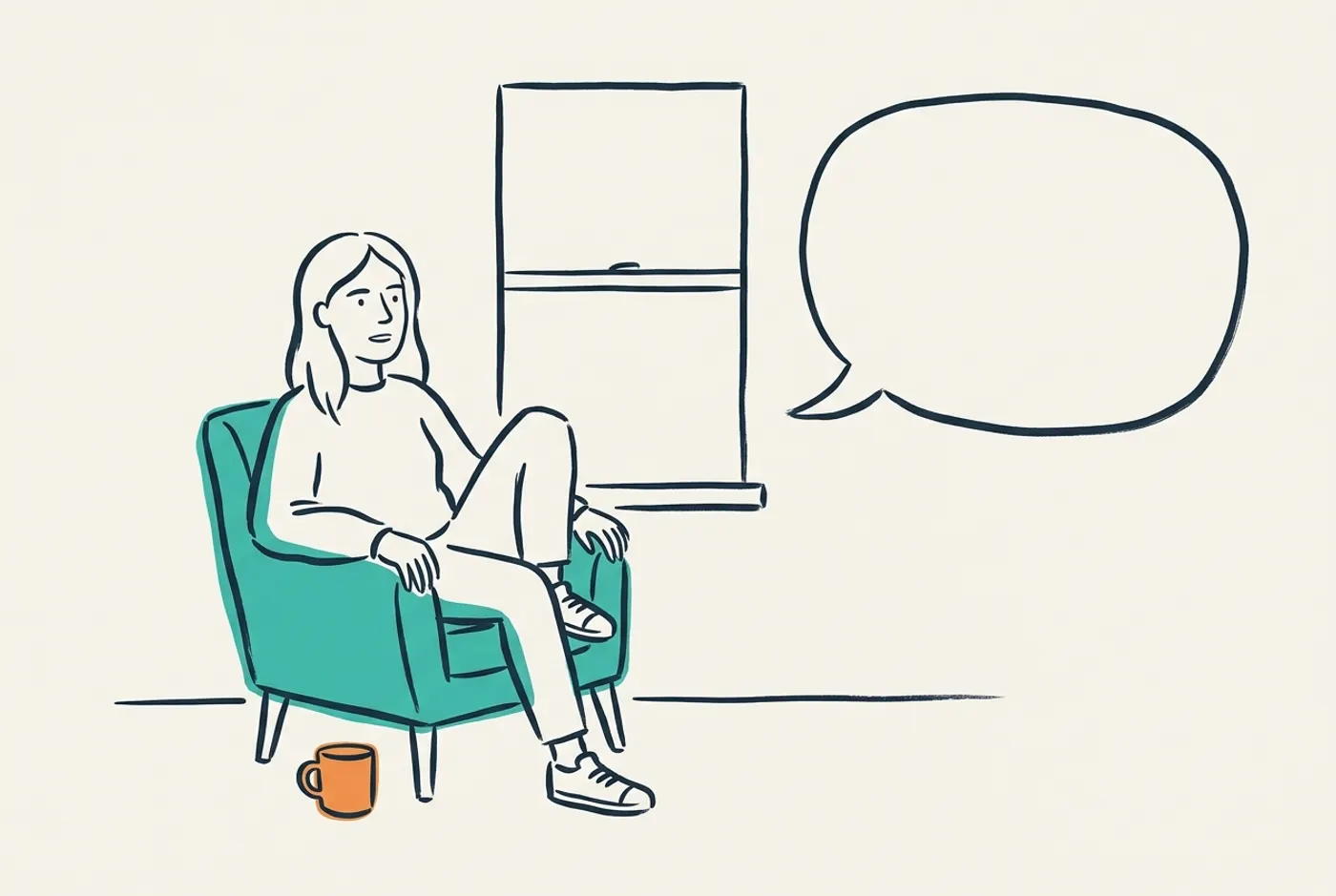 Een vrouw in een fauteuil bij het raam, naast een lege tekstballon