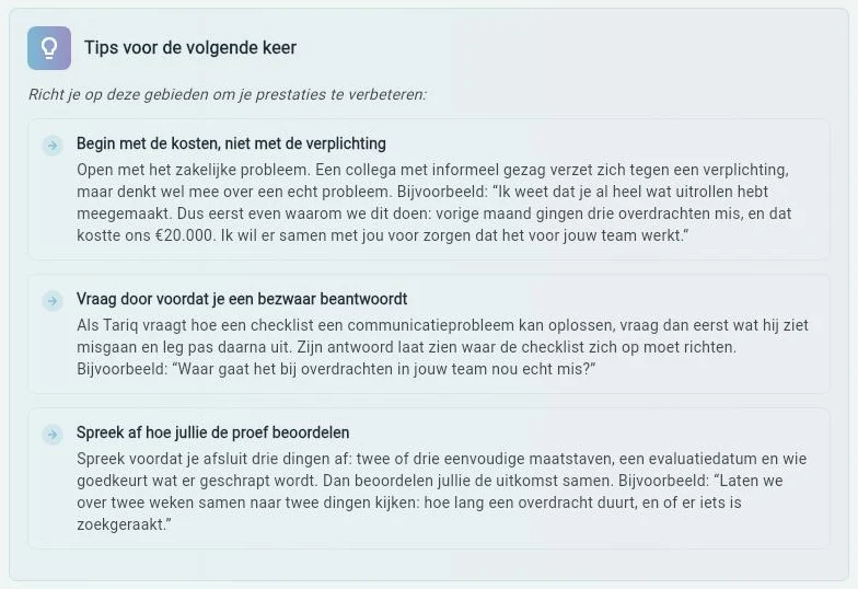Verderop in dezelfde Spelreview: drie tips onder ‘Tips voor de volgende keer’. De eerste is “Begin met de kosten, niet met de verplichting”