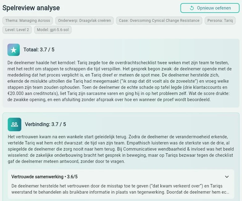 De bovenkant van een Spelreview: labels voor het thema (Managing Across), het onderwerp (Draagvlak creëren), de case (met de Engelse titel Overcoming Cynical Change Resistance), de persona (Tariq), Level 2 en het model. Daaronder een totaalscore van 3,7 van de 5, met wat werkte en wat de score drukte, en dan de pijler Verbinding op 3,7, met Vertrouwde samenwerking op 3,6 en de reden voor die score