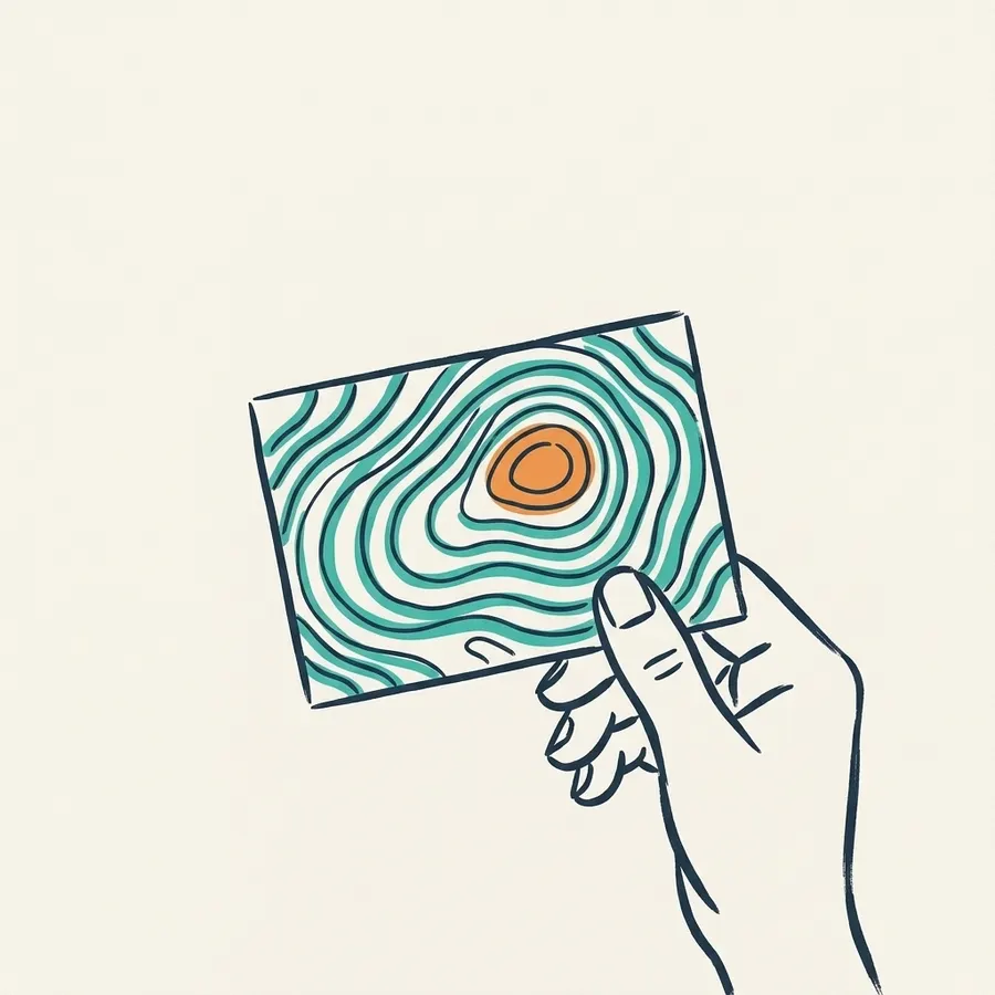 Een hand met een kaart waarop hoogtelijnen en één oranje ring staan